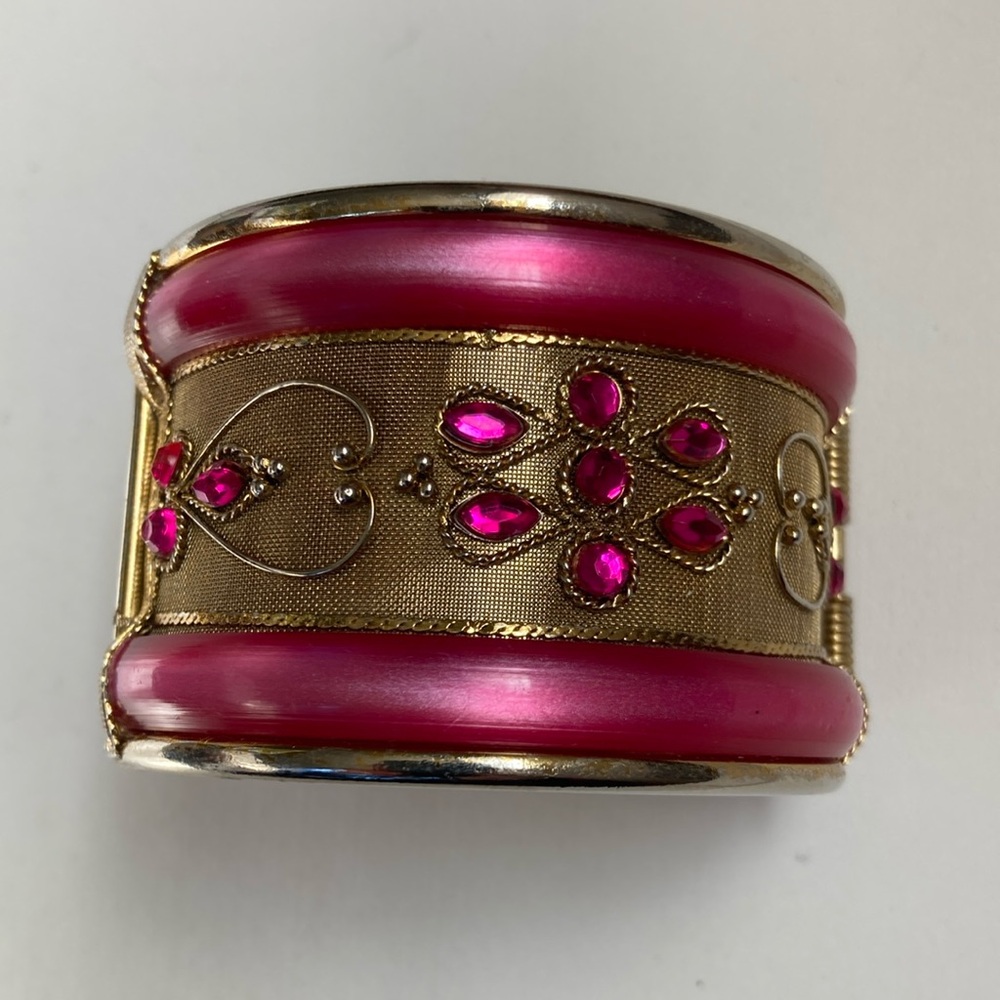 Pretty vintage pink and gold tone hinged cuff bracelet